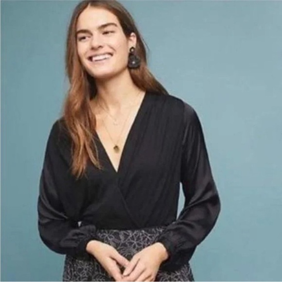 Anthropologie Kesia Drape Surplice Satin Sleeve Top Blouse Boho M - Picture 1 of 8